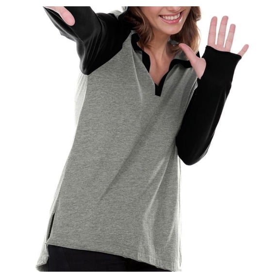 Kavio Juniors Raglan High-Low V-Neck Long Slv Hoodie JJP0632 - Dark Heather Gray/Black - X-Large