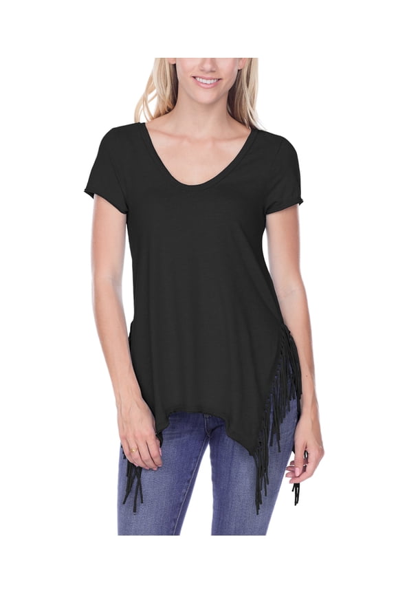! Juniors Sheer Jersey V Neck Side Fringe Asymmetrical Short Sleeve Black XL