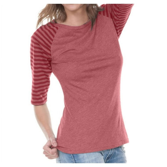 Kavio! Juniors Striped Jersey Contrast Raglan 3/4 Sleeve Striped Heather/Cardinal S