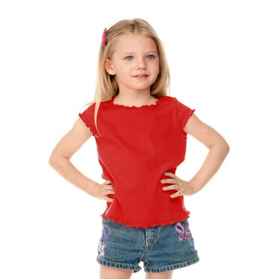 Kavio Little Girls Lettuce Edge Cap Sleeve Shirt Top P1C0245 - Red - 5\6