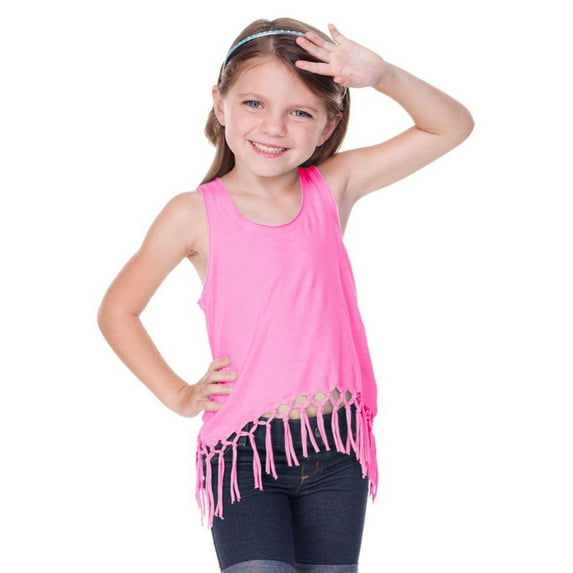 Kavio Little Girls Macrame Fringe Asymmetrical Tank PJP0623 - Pink Flash - 6X