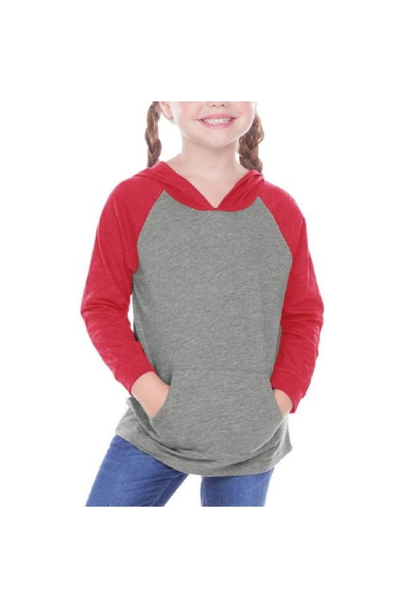 ! Toddler Jersey Contrast Raglan Long Sleeve Basebal lHoodie Top w. Pouch Dark H.Gray/Ht. Red 4T