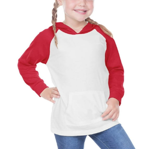 Kavio! Toddler Jersey Contrast Raglan Long Sleeve Basebal lHoodie Top w. Pouch White/Red 4T