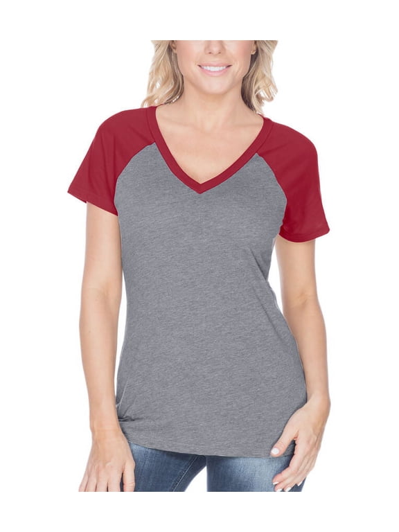 ! Women Sheer Jersey Contrast V Neck Raglan Short Sleeve Dark H.Gray/Cardinal M