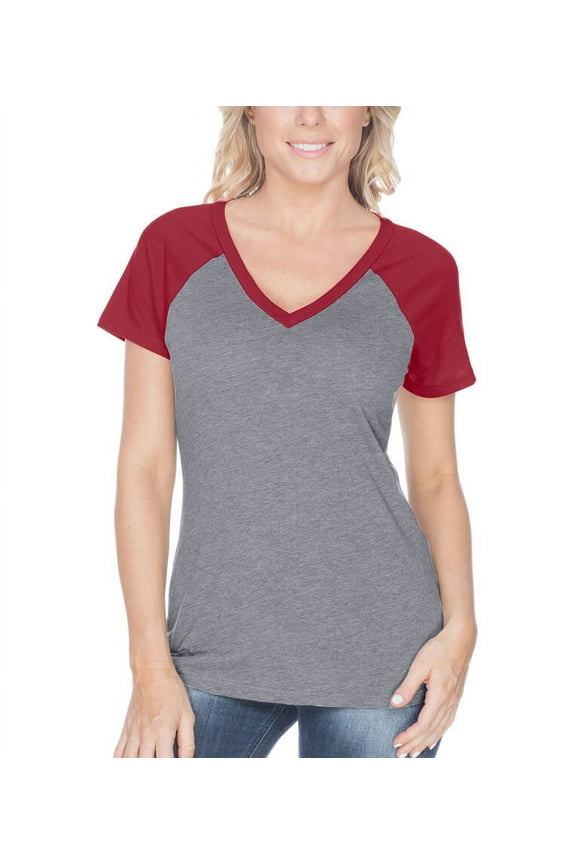 ! Women Sheer Jersey Contrast V Neck Raglan Short Sleeve Dark H.Gray/Cardinal M