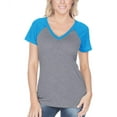 thumbnail image 1 of Kavio! Women Sheer Jersey Contrast V Neck Raglan Short Sleeve Dark H.Gray/Island Blue S, 1 of 1