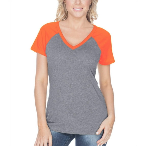Kavio! Women Sheer Jersey Contrast V Neck Raglan Short Sleeve Dark H.Gray/V.Orange S
