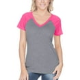 thumbnail image 1 of Kavio! Women Sheer Jersey Contrast V Neck Raglan Short Sleeve Dark H.Gray/WaterMelon M, 1 of 1