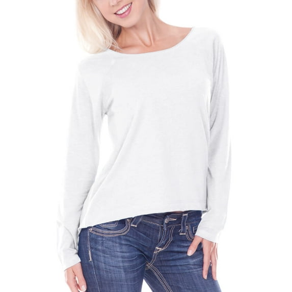 Kavio Women Sheer Jersey Raw Edge Scoop Neck High Low Raglan Long Sleeve