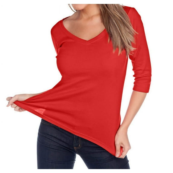 Kavio! Women V Neck 3/4 Sleeve Top Red M