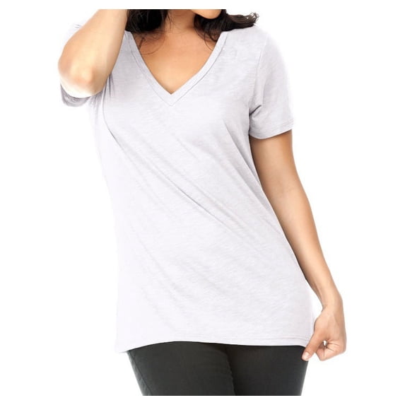 Kavio Women V Neck Short Sleeve Slub Jersey T-Shirt WJS0528 - White - Large