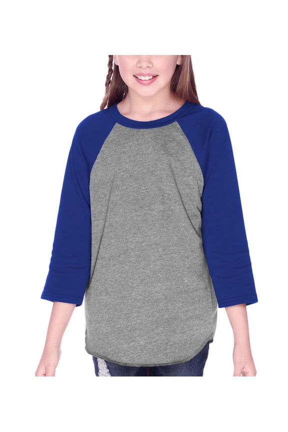 ! Youth Jersey Contrast Raglan 3/4 Sleeve Dark H.Gray/Cobalt Blue XS