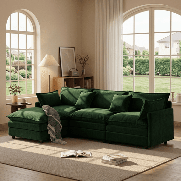 KavlSean 105" Chenille L-shaped Modular with Ottoman,3-Seater Cloud Couch with Upholstered & Pillow, Comfy Sleeper Sofa for Living Room, Bedroom, Office, Apartment, Easy Assembly