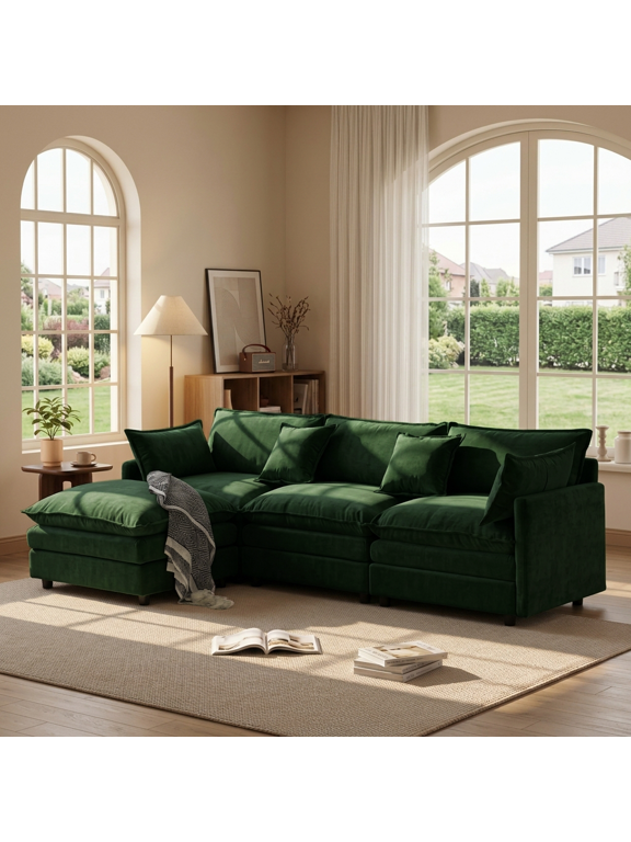 105" Chenille L-shaped Modular with Ottoman,3-Seater Cloud Couch with Upholstered & Pillow, Comfy Sleeper Sofa for Living Room, Bedroom, Office, Apartment, Easy Assembly