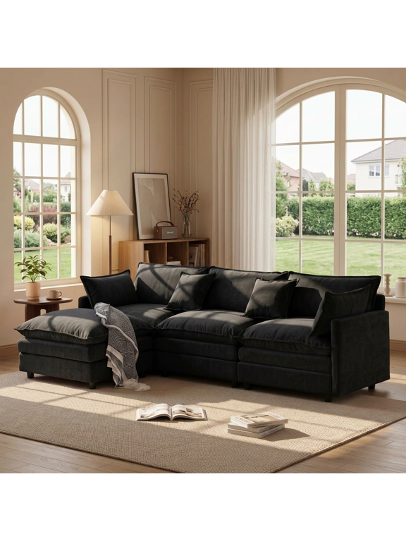 105" Chenille L-shaped Modular with Ottoman,3-Seater Cloud Couch with Upholstered & Pillow, Comfy Sleeper Sofa for Living Room, Bedroom, Office, Apartment, Easy Assembly