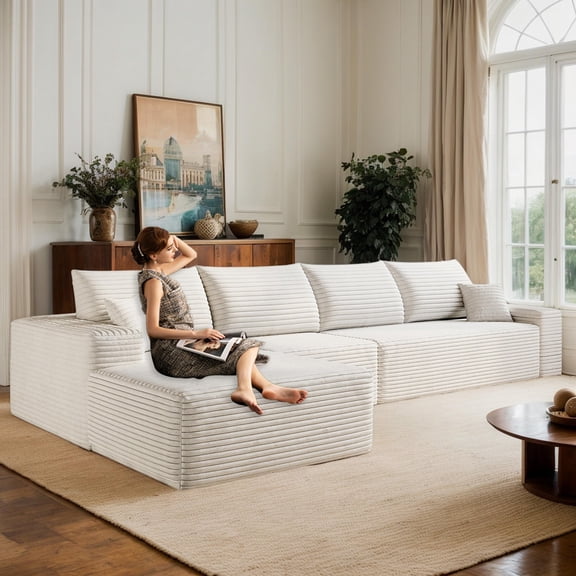 CKEASEAN 135" Oversized Boneless Couch with Left L-Shape Chaise, Modern Modular Sectional Sofa with Deep Seat, No Assembly Required, Cloud Sectional Couch, Corduroy Fabric