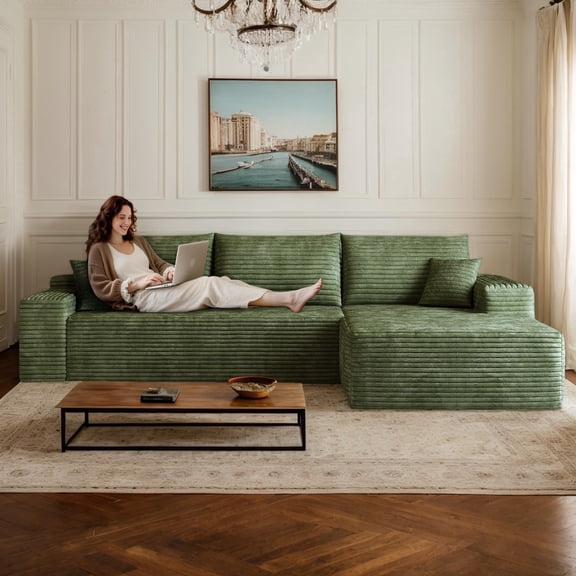 CKEASEAN 107" Oversized Boneless Couch with Right L-Shape Chaise, Modern Modular Sectional Sofa with Deep Seat, No Assembly Required, Cloud Sectional Couch, Corduroy Fabric