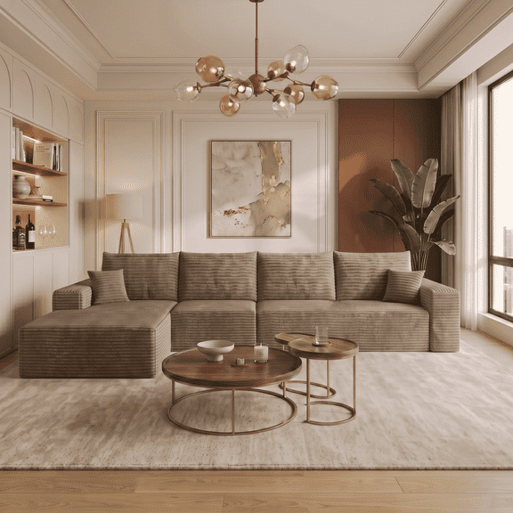 CKEASEAN 135" Corduroy Oversized Boneless Sectional Sofa with L-Shape Left Chaise, Modern Modular Cloud Couch Sectional with Deep Seat, Boneless Couch for Living Room, No Assembly Required