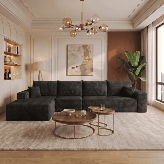 CKEASEAN 135" Oversized Boneless Couch with Left L-Shape Chaise, Modern Modular Sectional Sofa with Deep Seat, No Assembly Required, Cloud Sectional Couch, Corduroy Fabric