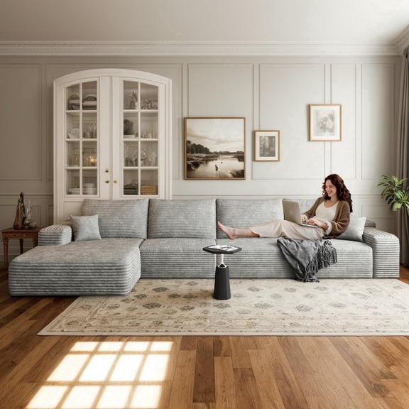 CKEASEAN 135" Oversized Boneless Couch with Left L-Shape Chaise, Modern Modular Sectional Sofa with Deep Seat, No Assembly Required, Cloud Sectional Couch, Corduroy Fabric