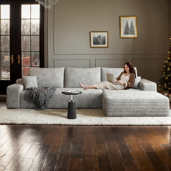 CKEASEAN 107" Oversized Boneless Couch with Right L-Shape Chaise, Modern Modular Sectional Sofa with Deep Seat, No Assembly Required, Cloud Sectional Couch, Corduroy Fabric