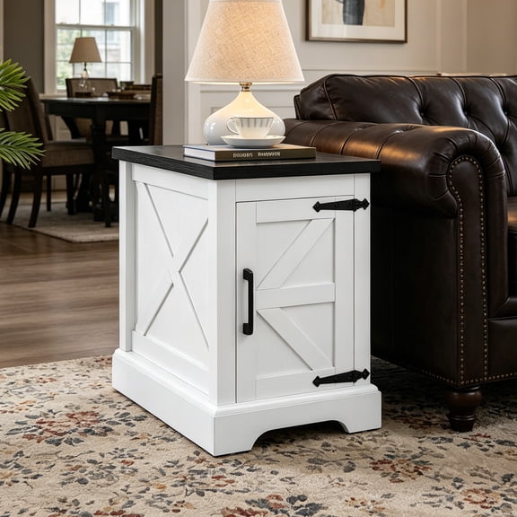 KavlSean 24" Farmhouse Barn Door End Table, Rustic Rectangular Sofa Side Table with Adjustable Storage Shelf, Modern Nightstand for Living Room, Bedroom, White