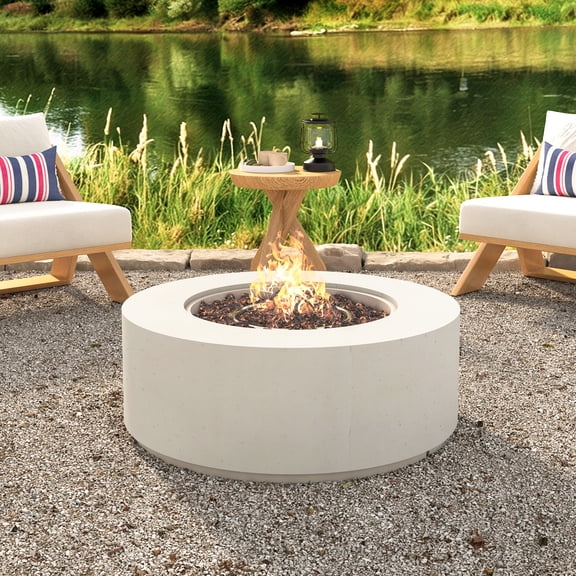 KavlSean 38" Round Outdoor Propane Fire Pit Table Faux Stone Finish, Smokeless Round Gas Fire Table with 50,000 BTU, Stainless Steel Burner, Rain Cover, Lava Rocks, for Patio Backyard Poolside