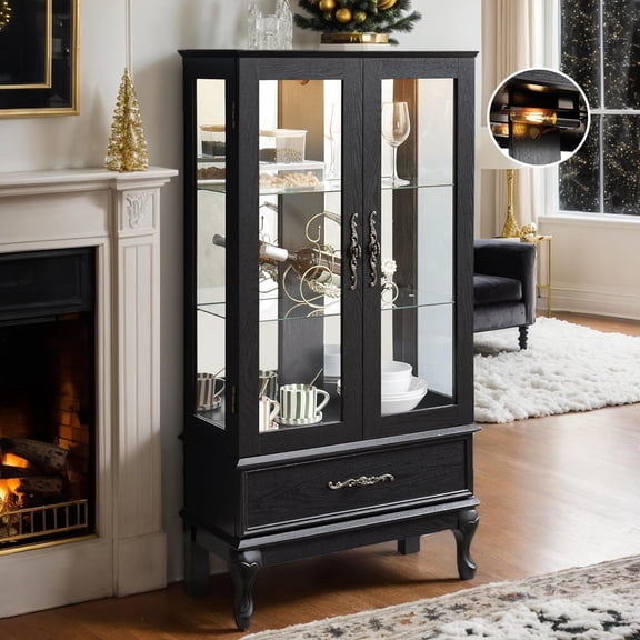 KavlSean 52" Lighted Curio Cabinet with Drawer, Vintage Glass Curio Showcase with 3-Tier Adjustable Shelves & Mirrored Back Panel, Wooden China Cabinet with for Living Room, Bedroom, Dining Room