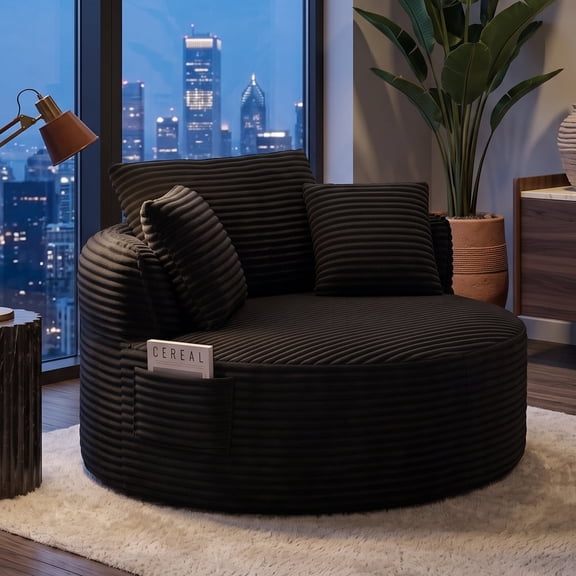 KavlSean 53.5" Corduroy Oversized Round Chaise Lounge, Comfy Upholstered Boneless Couch with Pillow, No Assembly Required, Deep Seat Lounge Floor Compression Sofa Chair for Living Room, Apartment