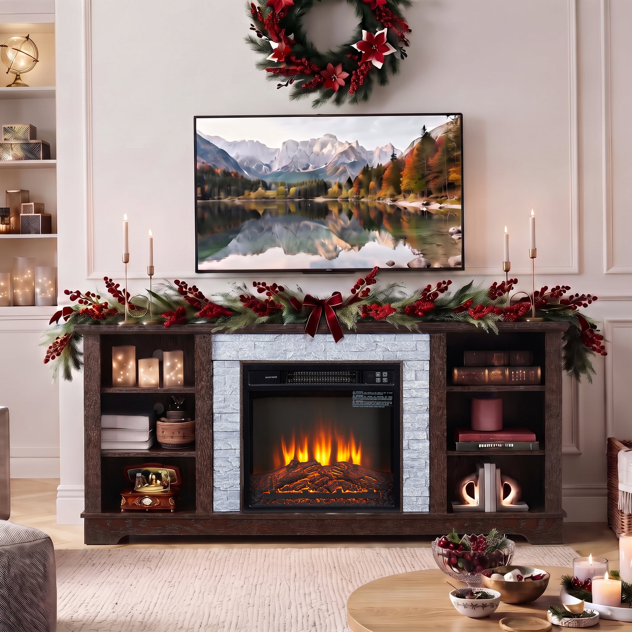 KavlSean 58" Electric Fireplace with Mantel, Fireplace TV Stand for TVs