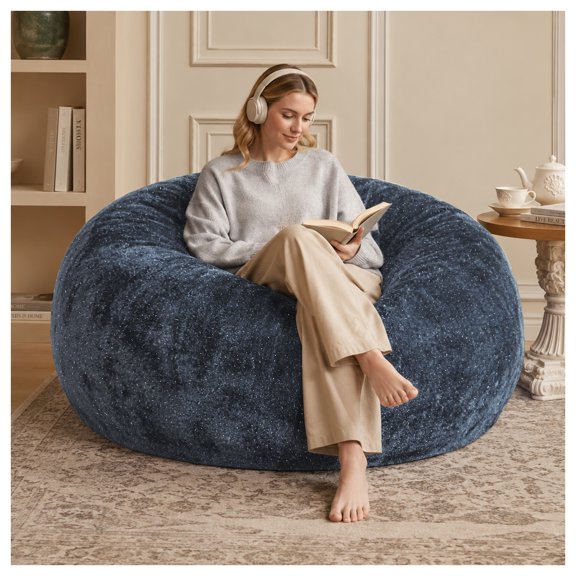 KavlSean 6FT Plush Faux Fur Bean Bag Chair, Comfy Round Sofa with Shiny Silver Thread & Memory Foam Filling, Soft Lounging Bean Bag with High-Rebound Granular Filling for Living Room, Bedroom