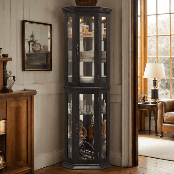 KavlSean 70" Corner Curio Cabinet with Light Bulb, Tempered Glass Doors, Floor Standing Glass Display Cage with 6 Tempered Glass Shelves, Wine Cabinet Storage Rack for Bar and Liquor Storage