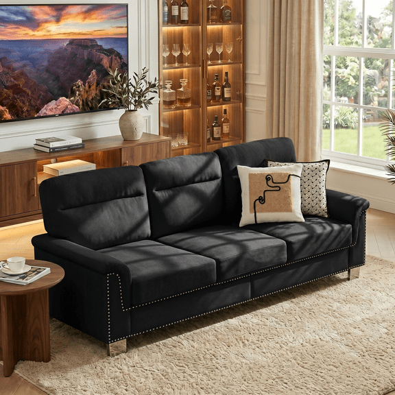 KavlSean 82" Velvet Comfy Upholstered Cloud Couch, 3-Seater Deep Seat Sofa with Removable Cushion & Nailhead Trim, Modern Compress Couch with Curved Armrest, Easy Assembly for Living Room, Apartment
