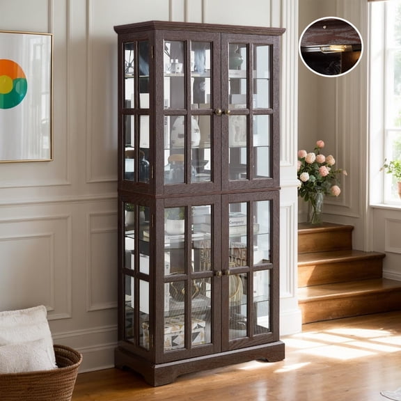 KavlSean Lighted Display Curio Cabinet, 69" Wood China Display Case with Glass Doors & Adjustable Shelves, Light Bulb Included, for Bar and Liquor Storage, Living Room
