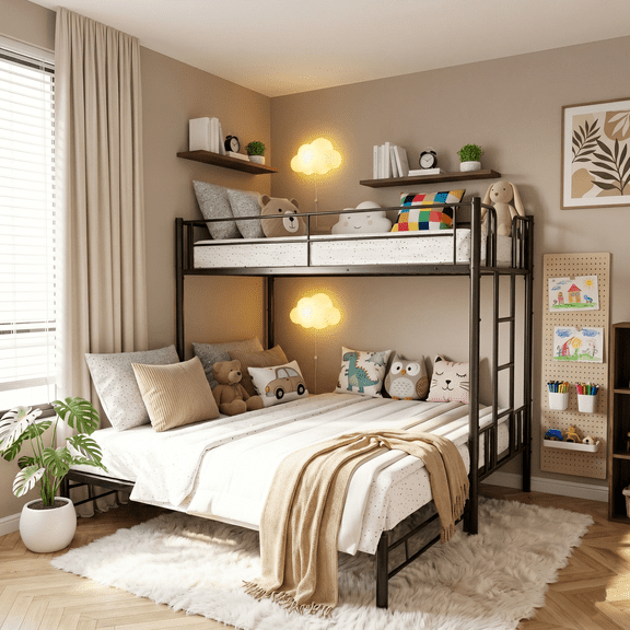 KavlSean Twin Over King Bunk Bed with Safety Guardrail Metal Pull-Out Bunk Bed Frame with Built-In Ladder, No Box Spring Needed, Extendable Beds for Teen/Adults, Bedroom, Dorm