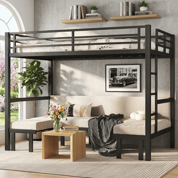 KavlSean Twin XL Over Twin XL Size Metal Futon Bunk Bed, Black Loft Beds with 3-Section Pull-Out Lower Bunk & Safety Rail, Convertible Sofa Bed Frame for Adults, Bedroom(Without Cushioning Pad)