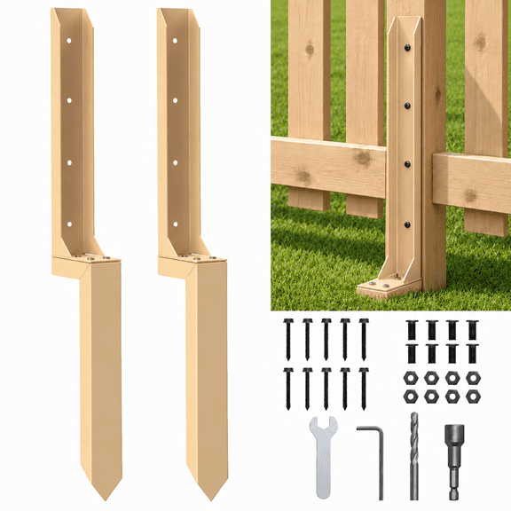 Kavrax Fence Post Repair Kit, No-Dig Heavy-Duty 2.0mm Cold-Rolled Steel Stakes for Leaning or Broken Wood Posts, Brown, 2-Pack