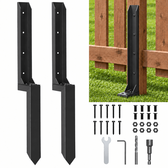 Kavrax Fence Post Repair Kit, No-Dig Heavy-Duty 2.0mm Cold-Rolled Steel Stakes for Leaning or Broken Wood Posts, Black, 2-Pack