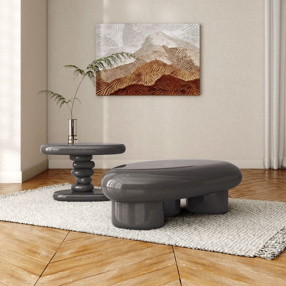 Kavren Modern Oval Glossy 2-Piece Coffee Table Set, Dark Gray