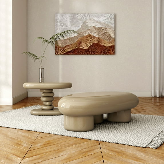 Kavren Modern Oval Glossy 2-Piece Coffee Table Set, Light Brown