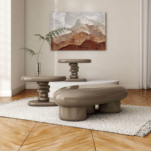 Kavren Modern Oval Glossy 3-Piece Coffee Table Set, Brown