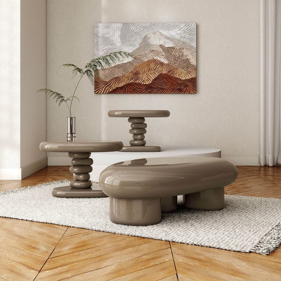 Kavren Modern Oval Glossy 3-Piece Coffee Table Set, Brown