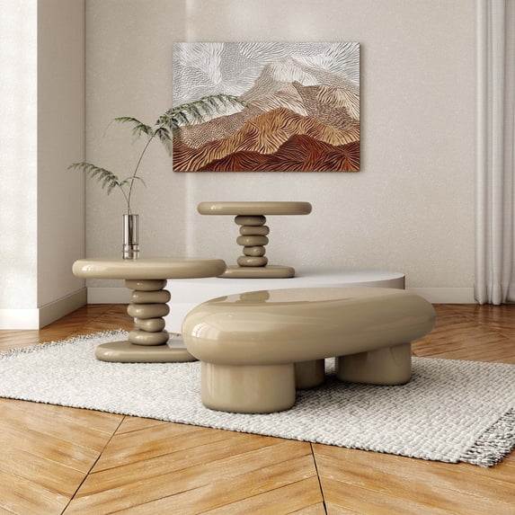 Kavren Modern Oval Glossy 3-Piece Coffee Table Set, Light Brown