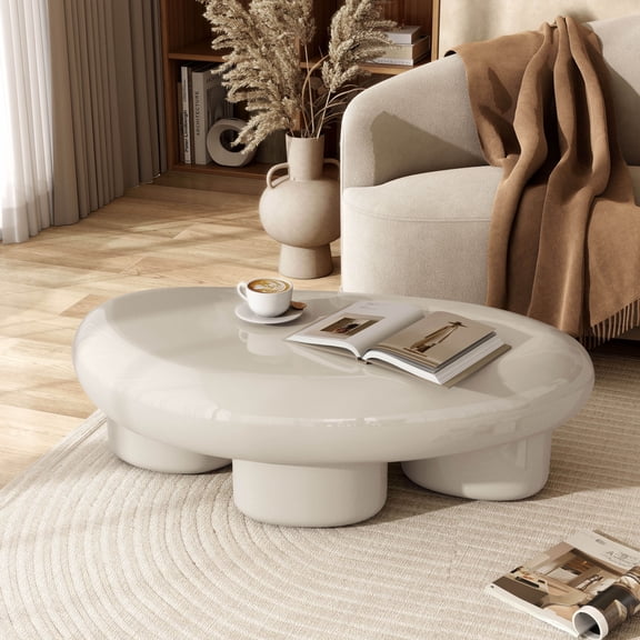 Kavren Modern Oval Glossy Low Profile Coffee Table, Ivory