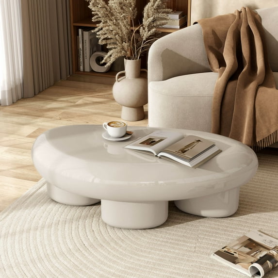 Kavren Modern Oval Glossy Low Profile Coffee Table, Ivory