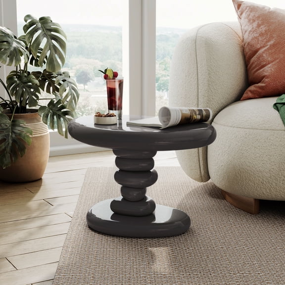 Kavren Modern Oval Glossy Pedestal End Table, Dark Gray