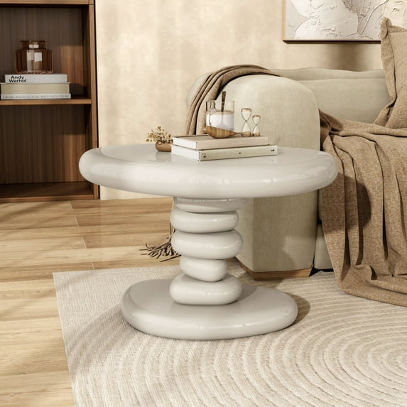 Kavren Modern Oval Glossy Pedestal End Table, Ivory