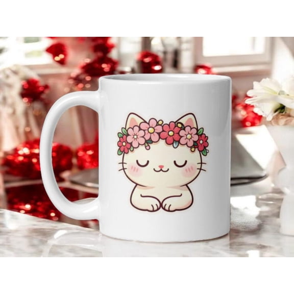 KawaI1I C1At Mug VaL1entine Flower Crown Coffee Cup