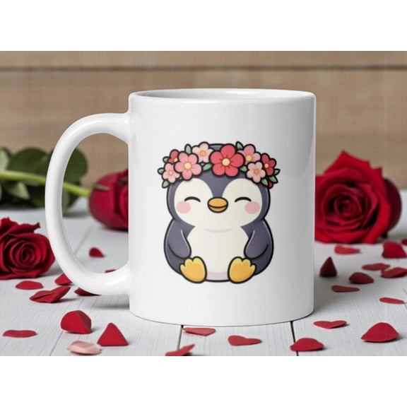 KawaI1I Penguin Mug with Flower Crown VaL1entine Coffee Cup