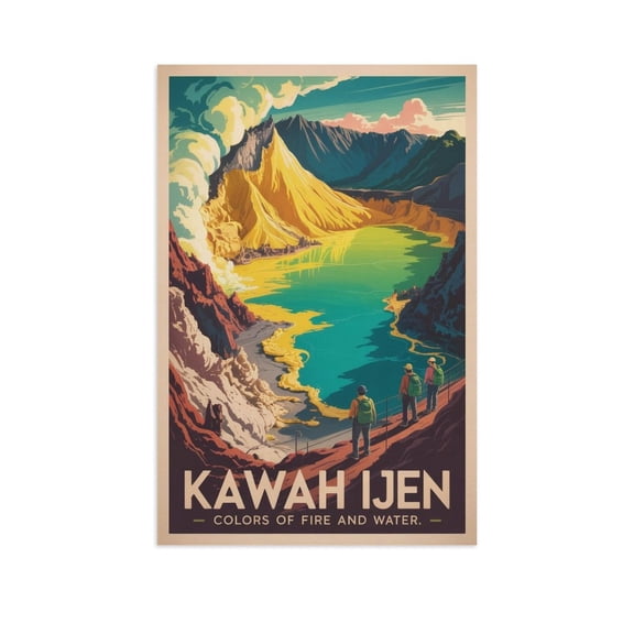 Kawah Ijen Colors of Fire And Water Java Indonesia Retro Travel Poster Vintage Volcano Wall Art Canvas Poster